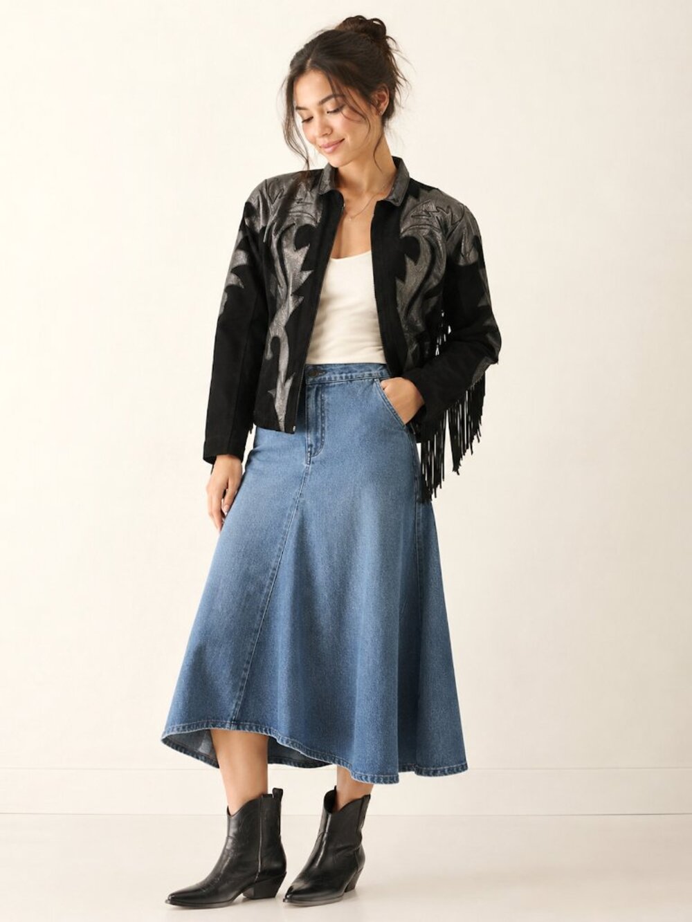 Vintage 80s Black Suede Fringe Jacket Leather Appliqué Western Biker Coat S/M